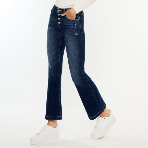 KanCan Mid-Rise Jeans Slim Fit Tapered Flare Button Fly Distressed Denim Pants - Picture 11 of 13